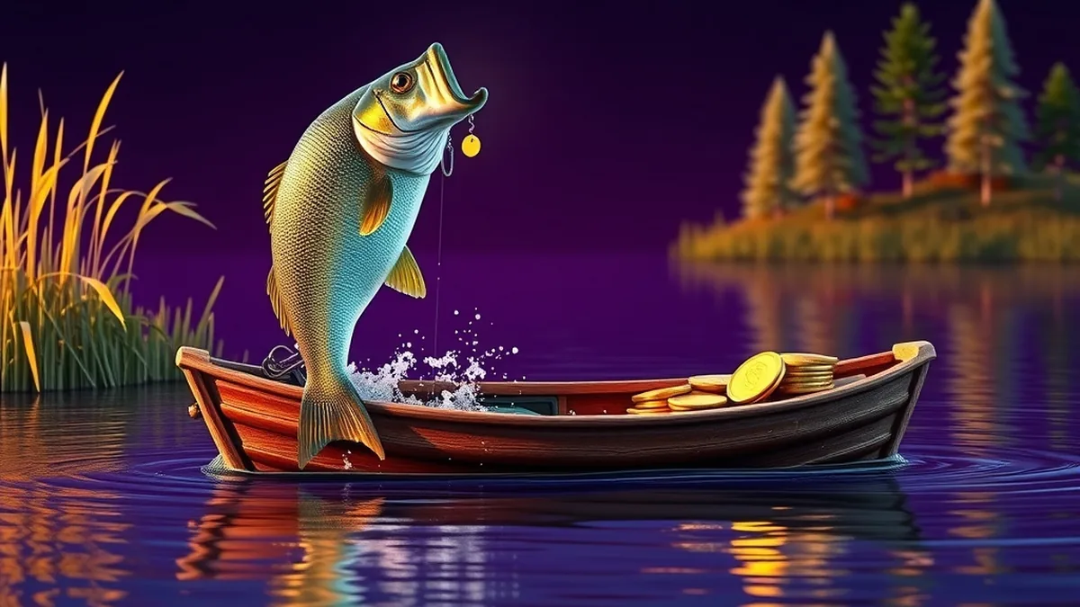 Barque de pêche sur un lac avec un bar bondissant, Big Bass Bonanza