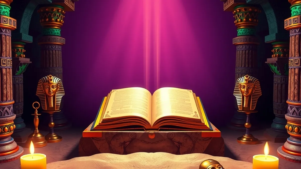 Livre doré ouvert dans un tombeau égyptien, ambiance Book of Dead