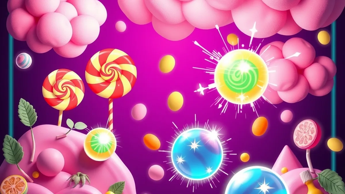 Paysage de bonbons et fruits en cascade inspiré de Sweet Bonanza